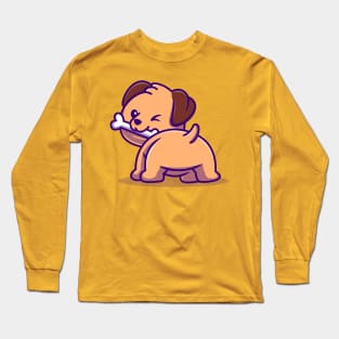 Cute Dog Bites Bone Cartoon Long Sleeve T-Shirt